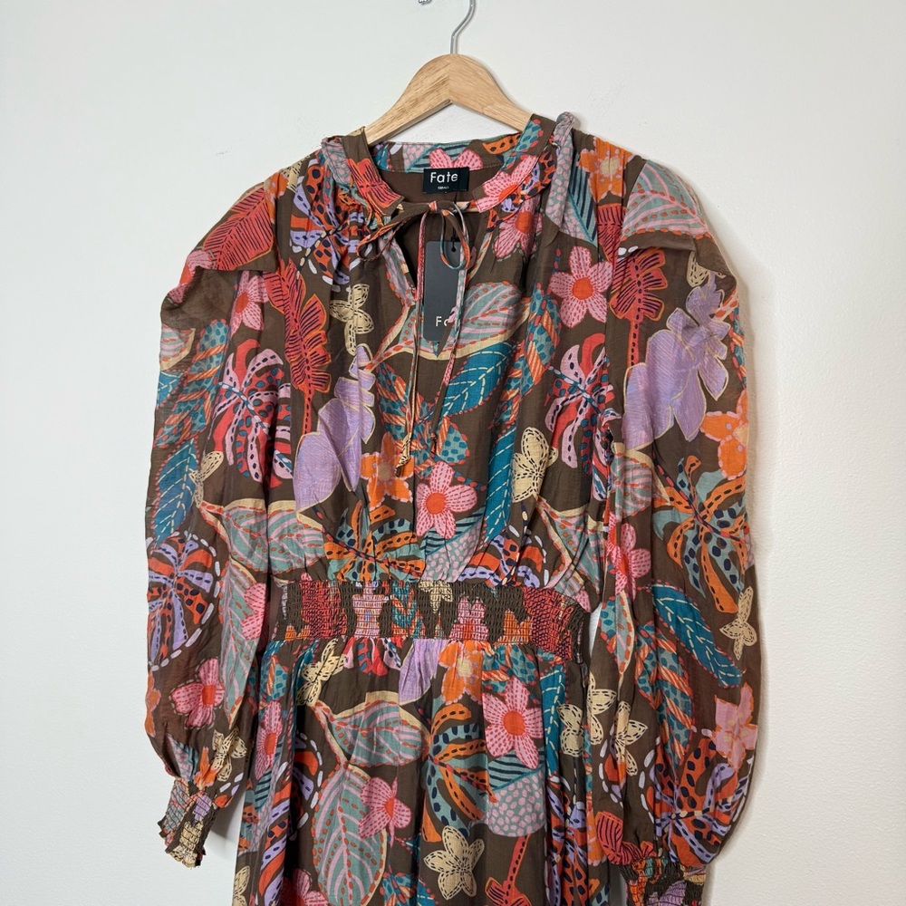 New FATE Spring Floral Tropical Vibrant Flowy Maxi Dress Puff Long Sleeve small - Picture 4 of 15